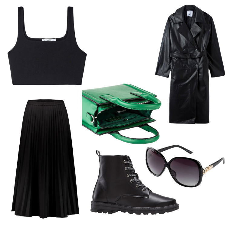 Outfit donna - Primi giorni d\'autunno. Stile 70s per Serata fuori. Abbinamento con occhiali da sole, borse a mano, stivaletti, trench, top, gonne lunghe.