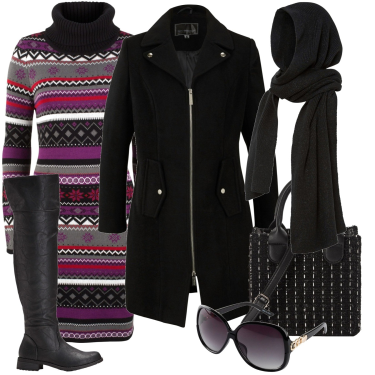 Outfit donna - Total look #1791461. Stile Casual per Tutti i giorni. Abbinamento con occhiali da sole, sciarpe, vestiti, cappotti, stivali sopra il ginocchio, shopping bag.