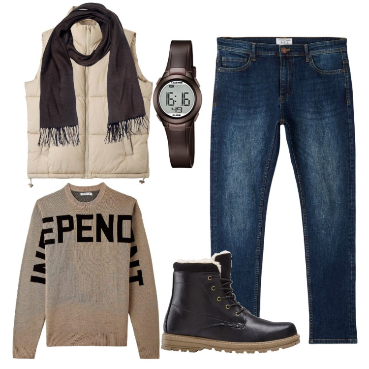 Outfit uomo - Indipendente 2024. Stile Trendy per Tutti i giorni. Abbinamento con stivali e stivaletti, jeans skinny, piumini, maglieria, sciarpe, orologi digitali.