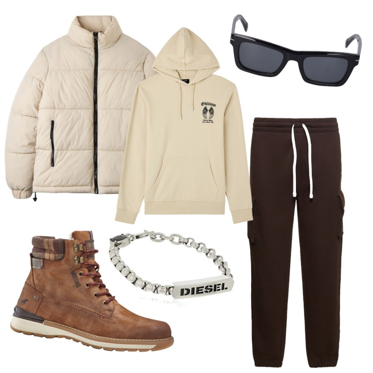 Outfit uomo - Passeggiata pomeridiana. Stile Casual per Tutti i giorni. Abbinamento con stivali e stivaletti, felpe con cappuccio, piumini, braccialetti, pantaloni cargo, occhiali da sole.