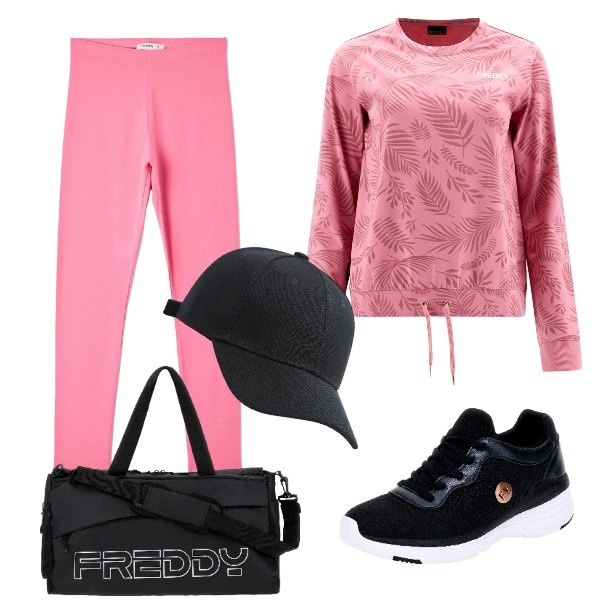 Outfit donna - Giornata in palestra. Stile Basic per Sport. Abbinamento con cappelli, leggings, borse sportive, felpe, scarpe sportive.
