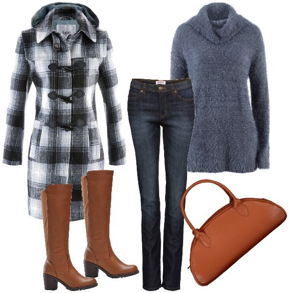 Outfit donna - Stivali alti e jeans. Stile Urban per Ufficio. Abbinamento con jeans mom, stivali, montgomery, maglieria, borse a spalla.