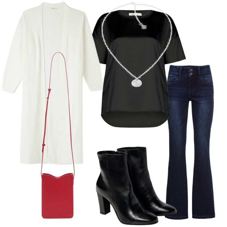Outfit donna - Dettagli. Stile Casual chic per Tutti i giorni. Abbinamento con jeans bootcut, cardigans, bluse, ciondoli, stivaletti, borse a tracolla.