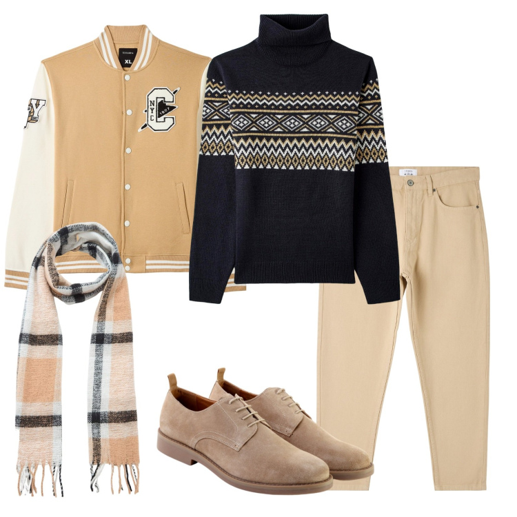 Outfit uomo - Total look #1791503. Stile Casual per Tutti i giorni. Abbinamento con pantaloni, maglieria, bomber, sciarpe, scarpe stringate.