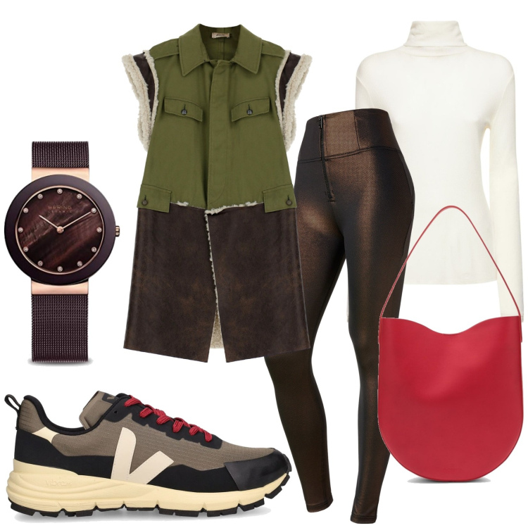 Outfit donna - General colors. Stile Casual chic per Tutti i giorni. Abbinamento con pantaloni skinny, gilet, sneakers, orologi, maglieria, valigie.