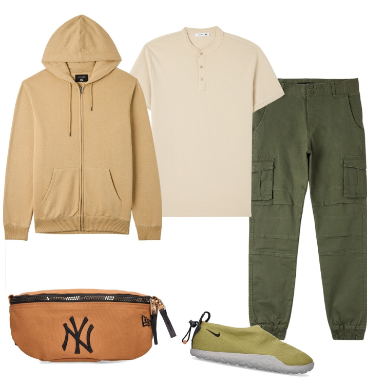 Outfit uomo - Total look #1791522. Stile Casual per Sport. Abbinamento con t-shirt, pantaloni cargo, felpe con cappuccio, sneakers, borse sportive.