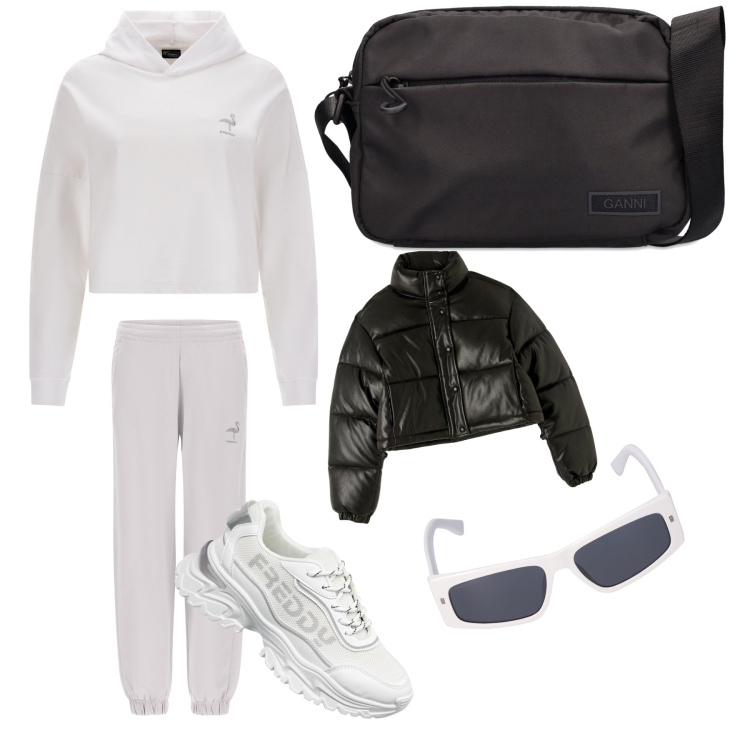 Outfit donna - Total look #1791524. Abbinamento con piumini, pantaloni, sneakers, felpe con cappuccio, occhiali da sole, borse a spalla.