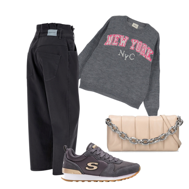 Outfit donna - In città. Stile Casual per Tutti i giorni. Abbinamento con sneakers, jeans, maglieria, borse a spalla.