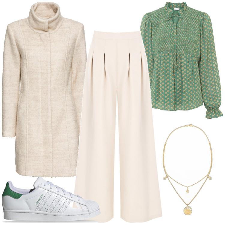 Outfit donna - Total look #1791530. Stile Casual per Ufficio. Abbinamento con cappotti, bluse, pantaloni a palazzo, sneakers, ciondoli.