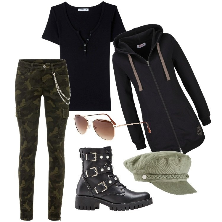 Outfit donna - Total look #1791536. Stile Military per Tutti i giorni. Abbinamento con occhiali da sole, cappelli, felpe con cappuccio, pantaloni cargo, stivaletti, t-shirt.