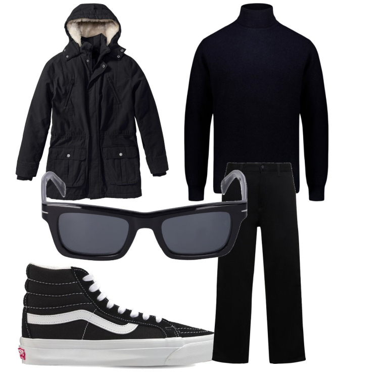 Outfit uomo - Men in black. Stile Urban per Tutti i giorni. Abbinamento con parka, maglieria, jeans, sneakers, occhiali da sole.