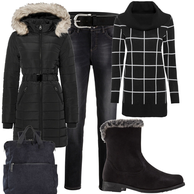 Outfit donna - Total look #1791553. Stile Casual per Tutti i giorni. Abbinamento con maglieria, giacche, zaini, cinture, jeans boyfriend, stivali sopra il ginocchio.