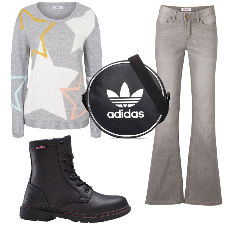 Outfit donna - Total look #1791595. Stile Basic per Scuola/Università. Abbinamento con jeans bootcut, maglieria, stivaletti, borse a spalla.