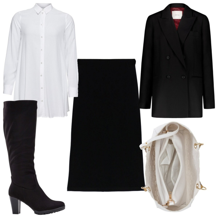 Outfit donna - Total look #1791620. Stile Minimal per Tutti i giorni. Abbinamento con camicie, stivali, borse a mano, gonne longuette, blazer.