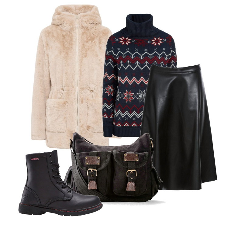 Outfit donna - Ghost outfitter - gennaio. Stile Trendy per Tutti i giorni. Abbinamento con ecopellicce, gonne, maglieria, stivaletti, borse a tracolla.