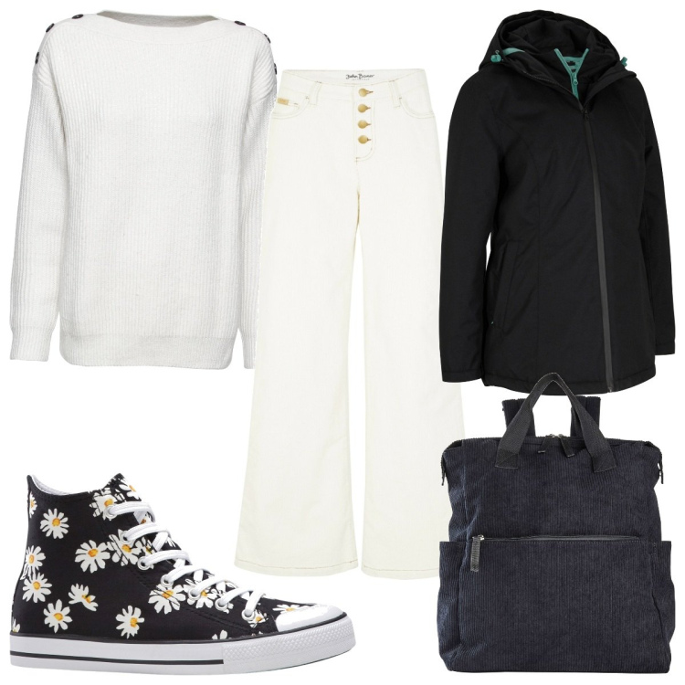 Outfit donna - Total look #1791625. Stile Trendy per Scuola/Università. Abbinamento con maglieria, zaini, sneakers alte, pantaloni, blazer.
