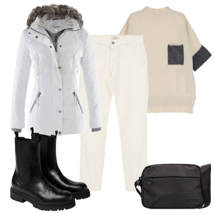 Outfit donna - Total look #1791633. Stile Basic per Tutti i giorni. Abbinamento con piumini, maglieria, jeans slim fit, stivaletti chelsea, borse a spalla.