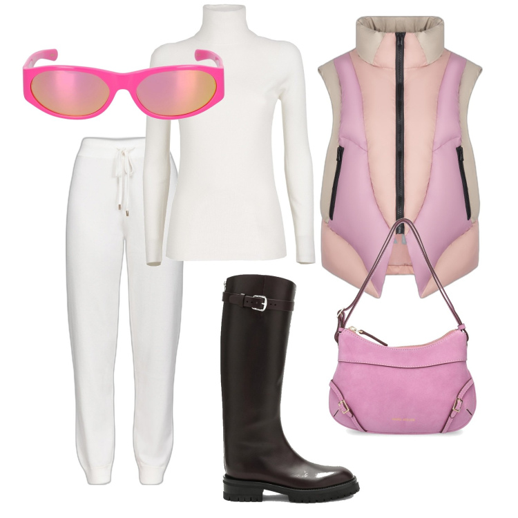 Outfit donna - Week In montagna. Stile Trendy per Tutti i giorni. Abbinamento con pantaloni, piumini, borse a spalla, maglieria, stivali, occhiali da sole.