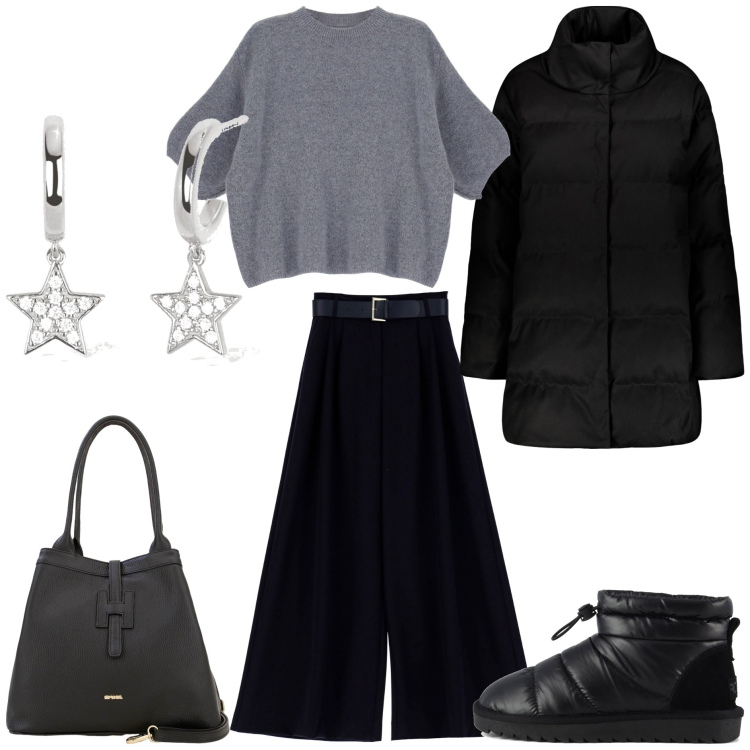 Outfit donna - Trendy ogni giorno. Stile Trendy per Tutti i giorni. Abbinamento con orecchini, pantaloni a palazzo, pullovers, borse a secchiello, cappotti, stivali.