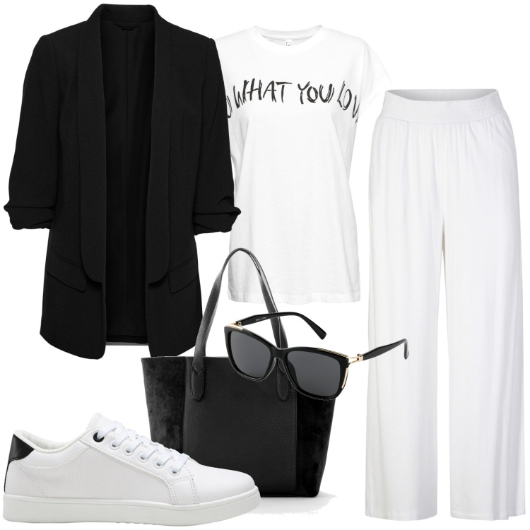 Outfit donna - Total look #1791670. Stile Casual per Ufficio. Abbinamento con pantaloni, blazer, maglieria, shopping bag, sneakers, occhiali da sole.