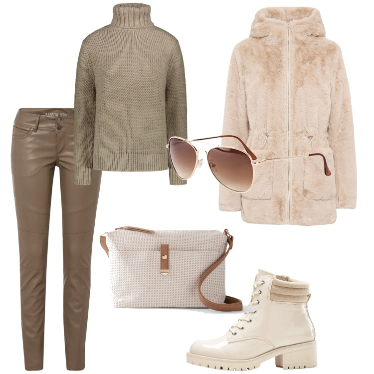Outfit donna - In giro per la città. Stile Casual per Tutti i giorni. Abbinamento con ecopellicce, occhiali da sole, pantaloni, stivaletti, borse a tracolla, maglieria.