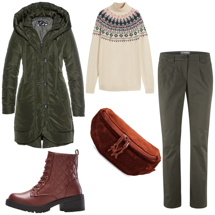 Outfit donna - Today outfit. Stile Basic per Ufficio. Abbinamento con pantaloni chino, blazer, maglieria, stivaletti, marsupi.