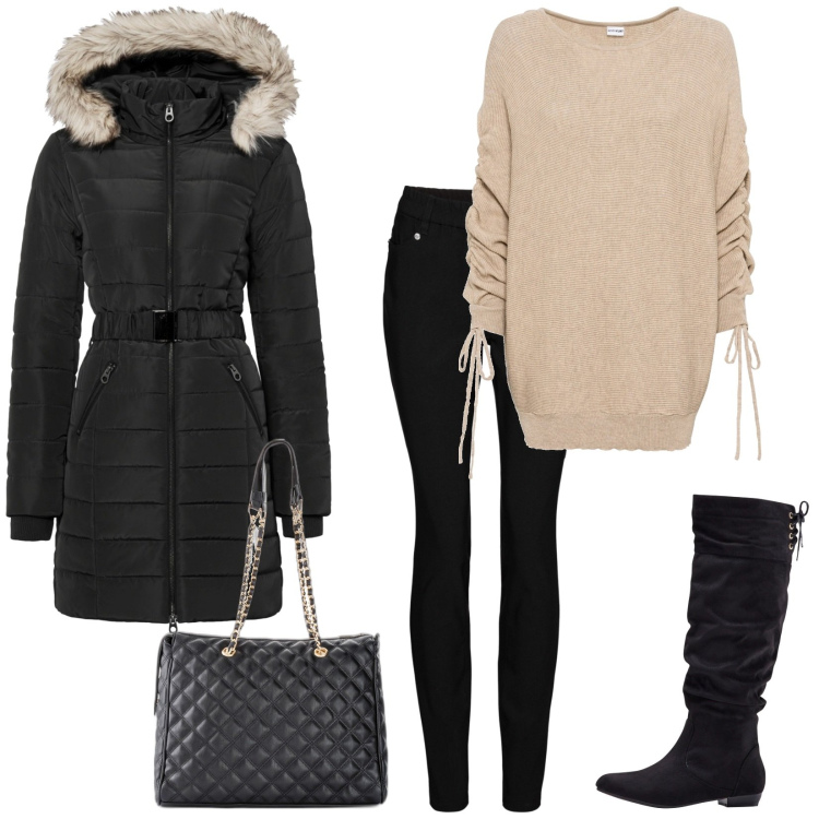Outfit donna - Total look. Stile Casual per Tutti i giorni. Abbinamento con giacche, shopping bag, maglieria, pantaloni skinny, stivali.