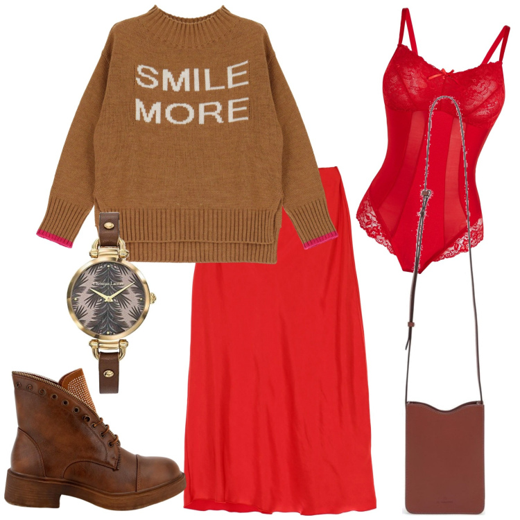 Outfit donna - Smile more. Stile Casual per Tutti i giorni. Abbinamento con body, stivaletti, gonne longuette, maglieria, orologi analogici, borse a tracolla.