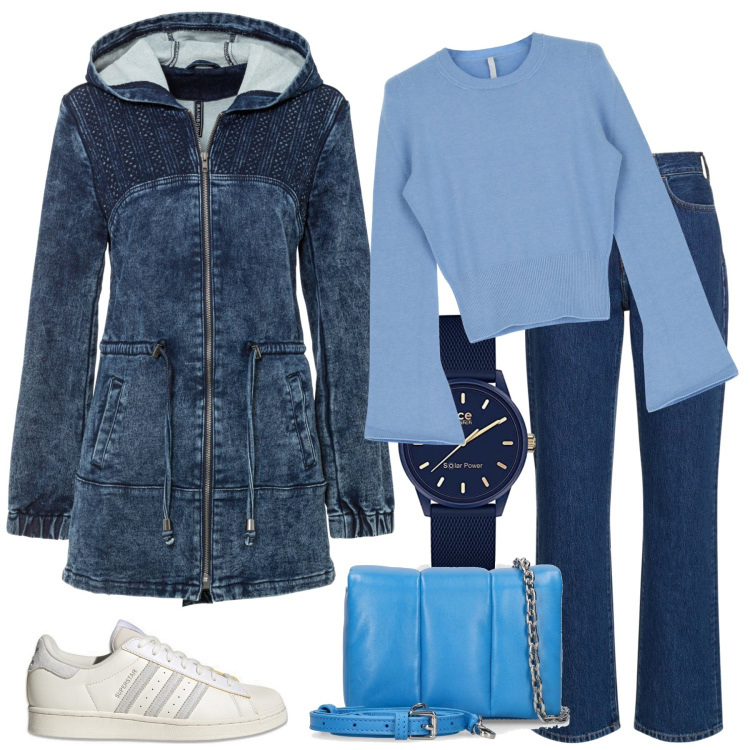 Outfit donna - Blue. Stile Casual per Tutti i giorni. Abbinamento con parka, pullovers, jeans dritti, sneakers, borse a spalla, orologi.