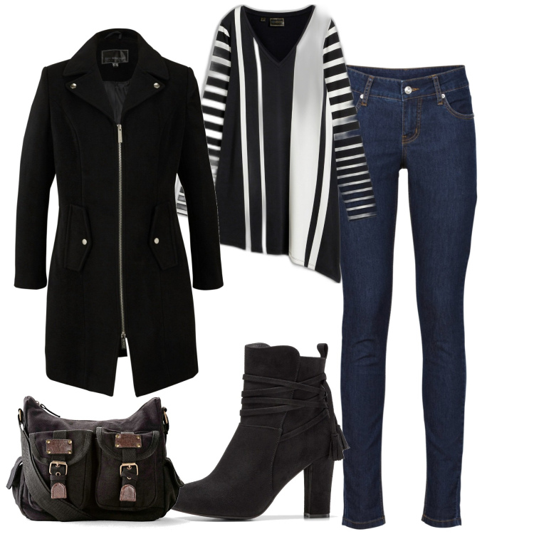 Outfit donna - City. Stile Basic per Tutti i giorni. Abbinamento con jeans skinny, cappotti, maglieria, borse a tracolla, stivaletti.