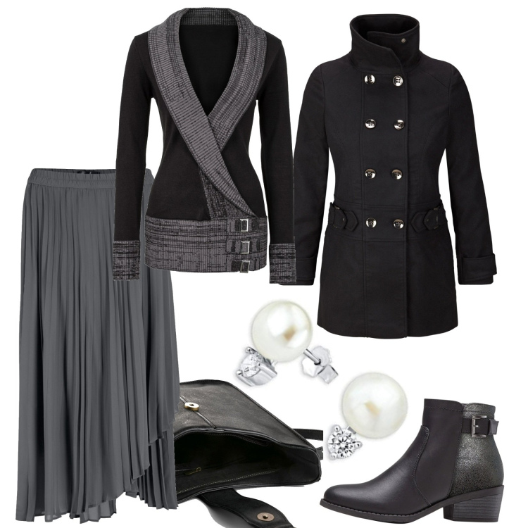 Outfit donna - La gonna dalle morbide pieghe. Stile Chic per Serata fuori. Abbinamento con borse a tracolla, gonne, maglieria, stivaletti, blazer, orecchini.