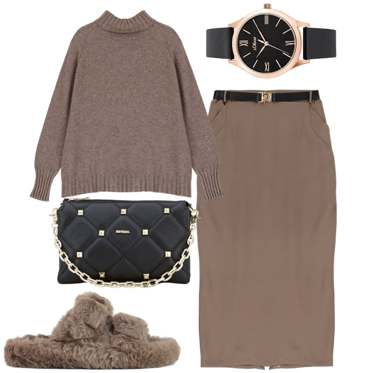 Outfit donna - Trendy. Stile Trendy per Tutti i giorni. Abbinamento con gonne longuette, pochette, maglieria, ciabatte, orologi.