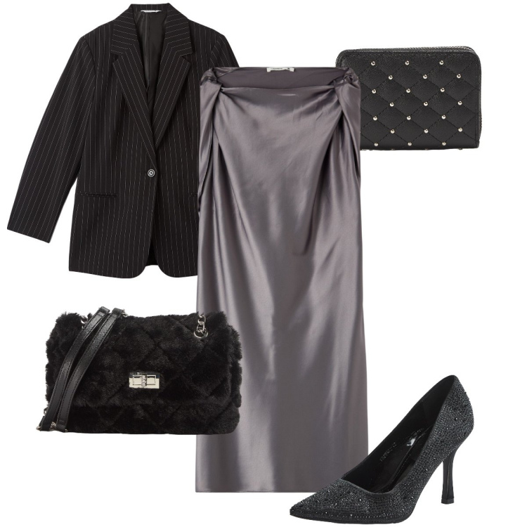 Outfit donna - L’abito effetto raso. Stile Glamour per Serata fuori. Abbinamento con vestiti corti, blazer, borse a spalla, portafogli, décolleté.