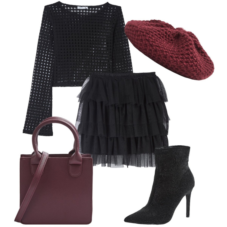 Outfit donna - Balze e rete. Stile Preppy per Serata fuori. Abbinamento con maglieria, cappelli e berretti, minigonne, shopping bag, stivaletti.