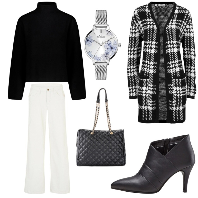 Outfit donna - Mood black e white. Stile Casual chic per Tutti i giorni. Abbinamento con shopping bag, cardigans, jeans, stivaletti, maglieria, orologi analogici.