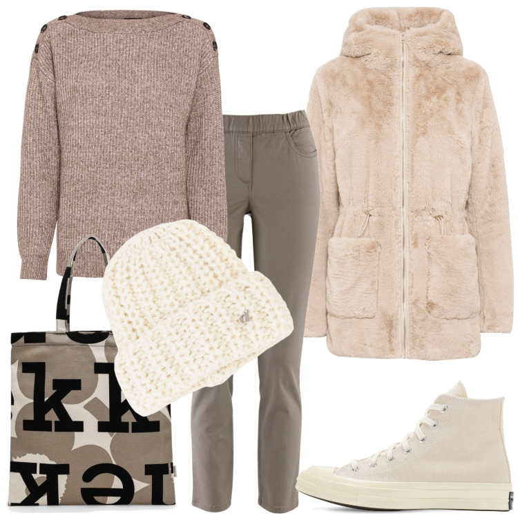 Outfit donna - Voglio stare calda. Stile Casual chic per Tutti i giorni. Abbinamento con maglieria, pantaloni, ecopellicce, berretti, sneakers, borse tote.
