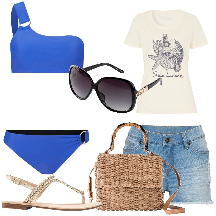 Outfit donna - Una vacanza ai tropici. Stile Casual chic per Mare. Abbinamento con ciabatte, t-shirt, occhiali da sole, bikini, borse a mano, shorts.