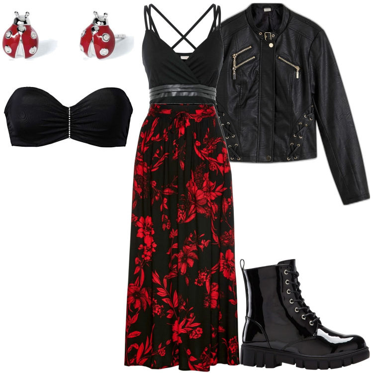 Outfit donna - Total look #1791934. Stile Trendy per Tutti i giorni. Abbinamento con gonne lunghe, reggiseni, stivaletti, top, blazer, orecchini.