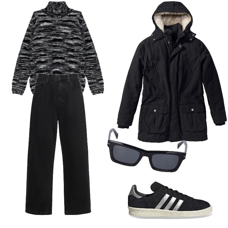 Outfit uomo - Passeggiate d\'inverno-Gennaio. Stile Urban per Tutti i giorni. Abbinamento con parka, maglieria, sneakers, occhiali da sole, jeans.