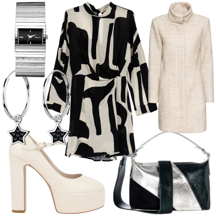 Outfit donna - Bianco e nero. Stile Glamour per Serata fuori. Abbinamento con cappotti, borse a mano, vestiti corti, décolleté, orologi, orecchini.