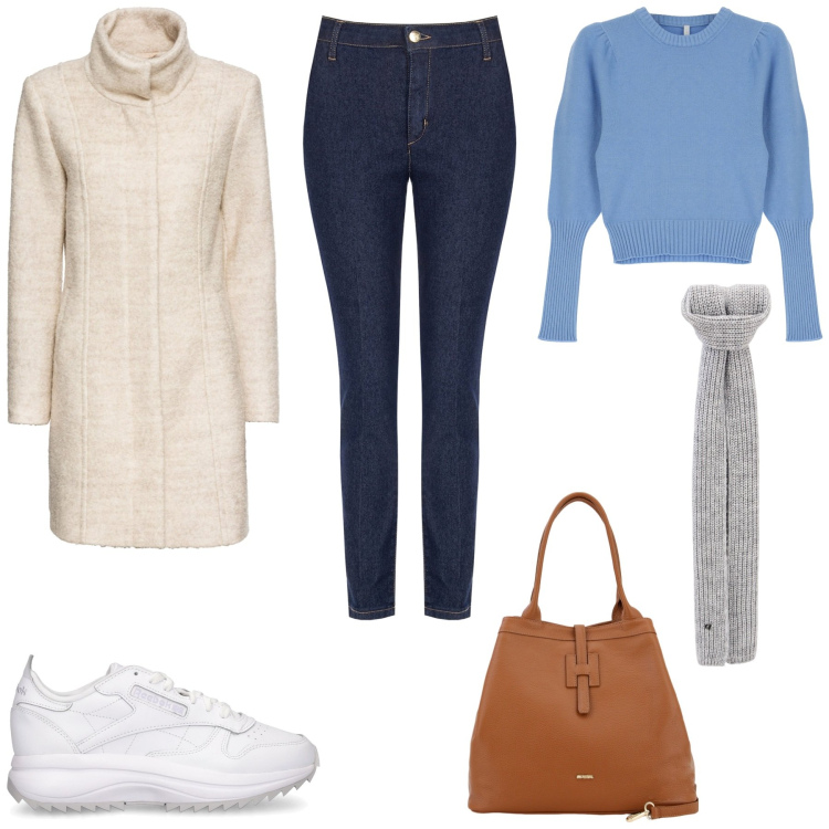 Outfit donna - Pullover azzurro. Stile Casual per Tutti i giorni. Abbinamento con cappotti, jeans skinny, pullovers, borse a secchiello, sciarpe, sneakers.