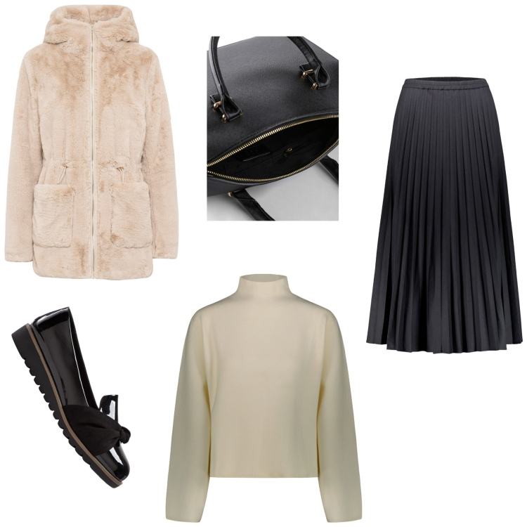 Outfit donna - Sere d\'invero. Stile Casual chic per Serata fuori. Abbinamento con ecopellicce, mocassini, borse a mano, gonne lunghe, maglieria.
