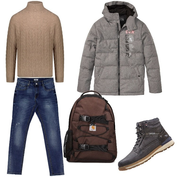 Outfit uomo - In giro ma con lo zaino-Gennaio. Stile Casual per Tutti i giorni. Abbinamento con giacche, stivali e stivaletti, jeans slim fit, maglieria, borse sportive.
