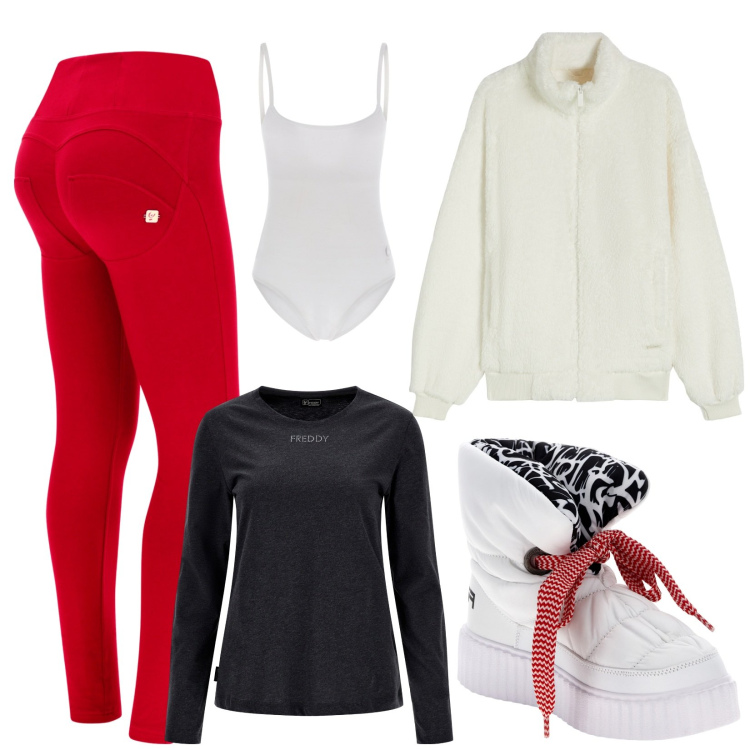 Outfit donna - Bianco, rosso e nero. Stile Sporty chic per Tutti i giorni. Abbinamento con stivali sopra il ginocchio, body, pantaloni skinny, t-shirt, blazer.