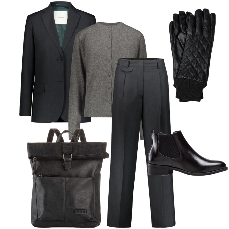 Outfit donna - Prima riunione dell’anno. Stile Mannish per Ufficio. Abbinamento con zaini, stivaletti chelsea, pantaloni, blazer, cardigans, guanti.