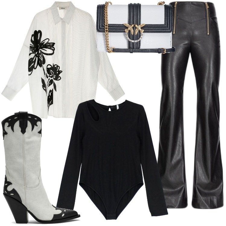 Outfit donna - bianco e nero rock. Stile Rock per Serata fuori. Abbinamento con pantaloni, borse a tracolla, body, camicie, stivaletti texani.