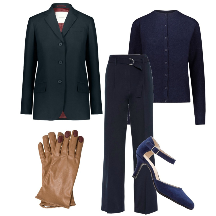 Outfit donna - Tonalità del blu. Stile Bon Ton per Serata fuori. Abbinamento con décolleté, pantaloni, blazer, cardigans, guanti.
