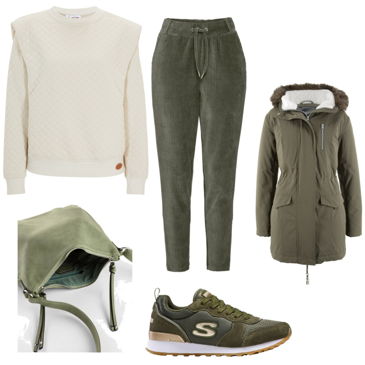 Outfit donna - Semplice e comoda. Stile Basic per Tutti i giorni. Abbinamento con pantaloni, parka, sneakers, felpe, borse a tracolla.