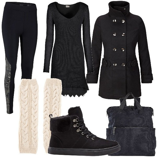 Outfit donna - Athleisure in winter. Stile Trendy per Tutti i giorni. Abbinamento con calzini, sneakers alte, zaini, vestiti, leggings, blazer.