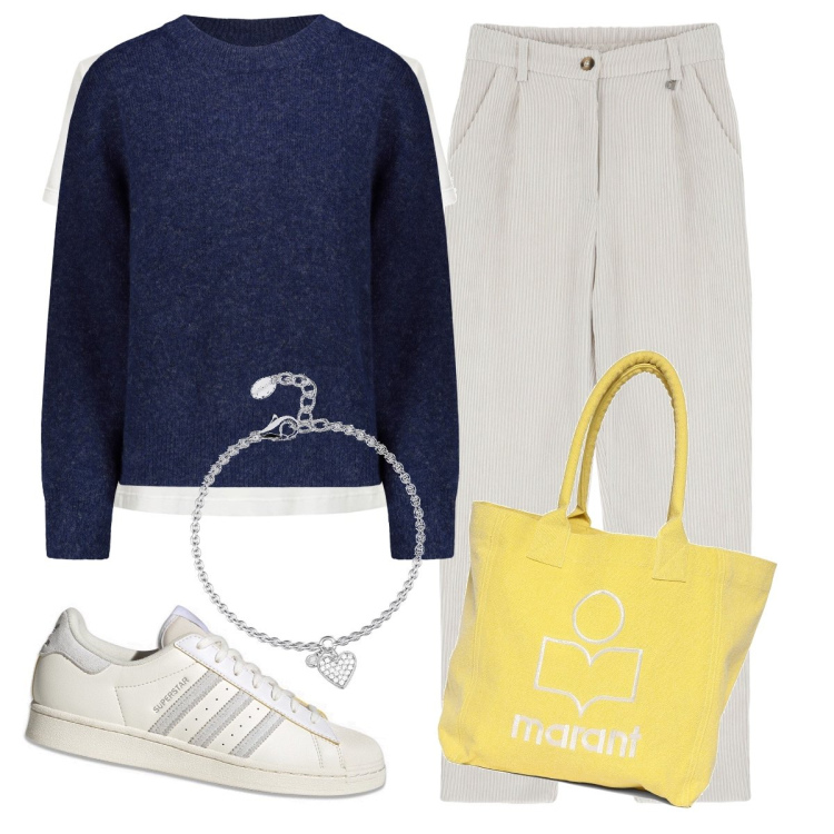 Outfit donna - pantalone grigio in velluto. Stile Casual per Tutti i giorni. Abbinamento con pantaloni, braccialetti con ciondoli, maglieria, t-shirt, sneakers, shopping bag.